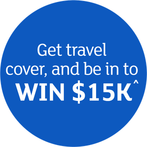 Promotional badge: Get travel cover, and be in to WIN $15K^